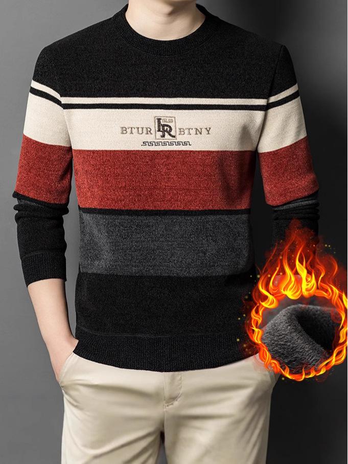 Men's Winter Chenille Sweater - Round Neck, Warm Velvet-Lined, Thick Knit Base Layer for Middle-Aged Men