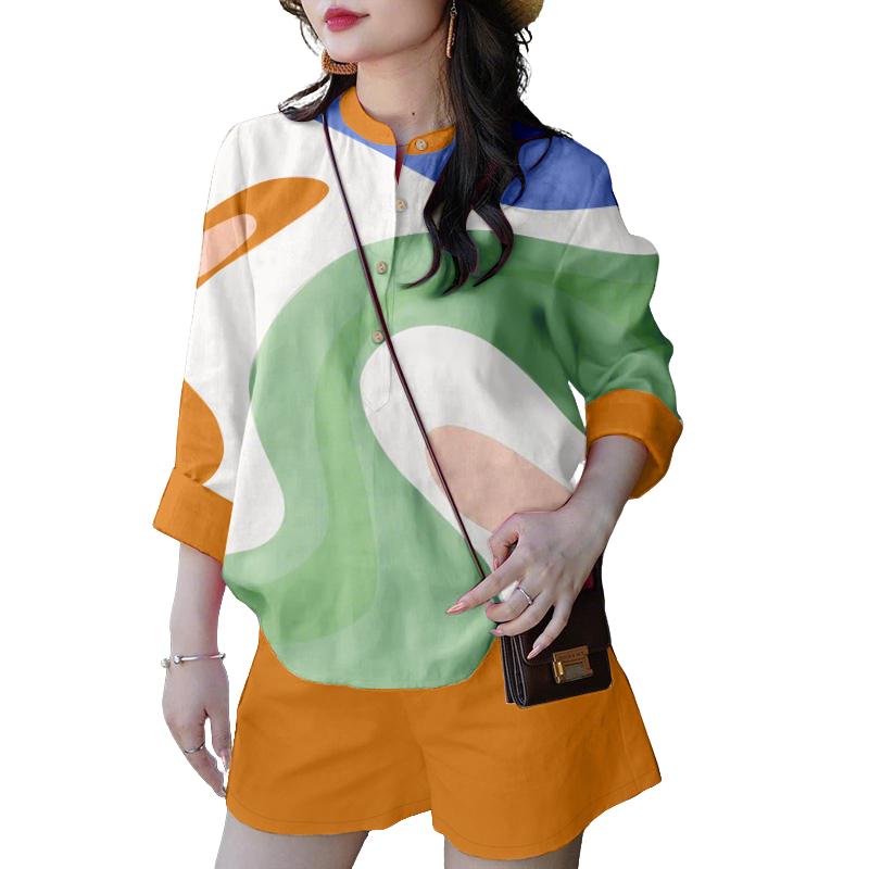 

ZANZEA Women Long Sleeve Print Blouse and Shorts Casual Two Piece Suit Sets 5XL помаранчевий