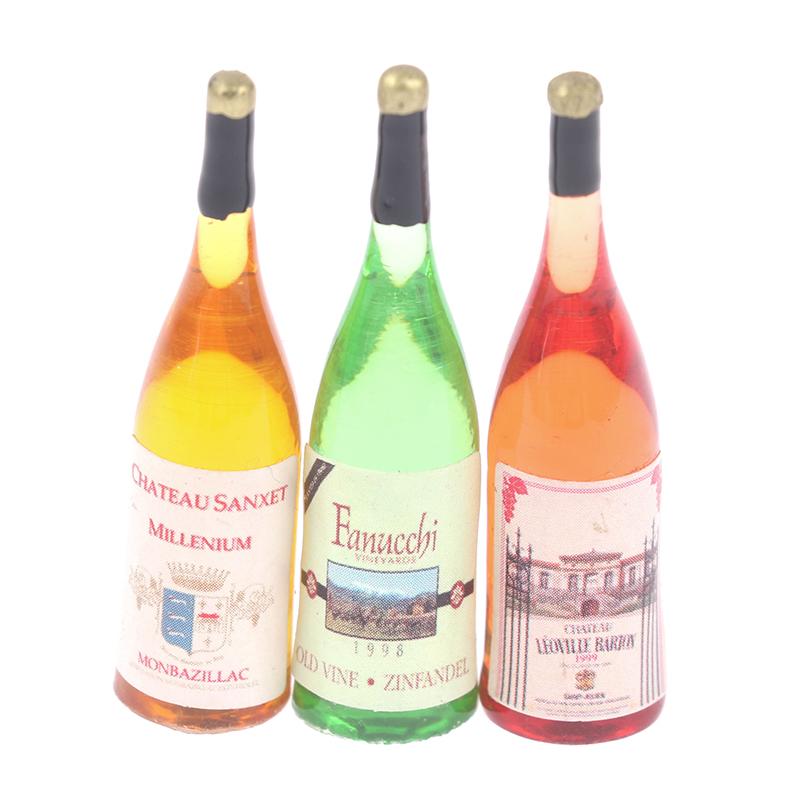 3Pcs/Set 1/12 Dollhouse Miniature Mini Simulation Wine Bottle Model Decor Toys