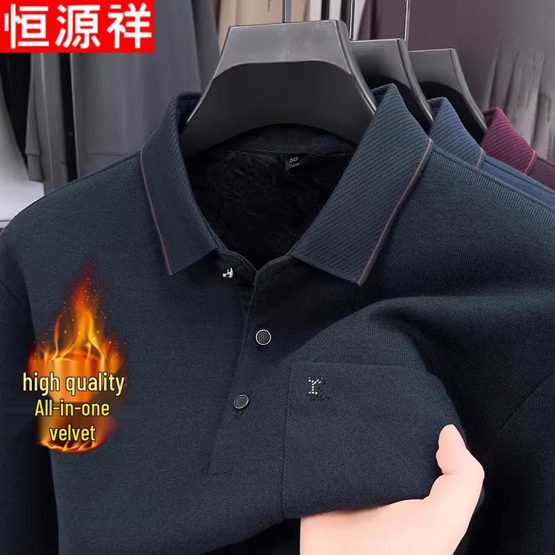Hengyuanxiang Men s Winter Fleece-Lined Long Sleeve Polo T-Shirt 4XL