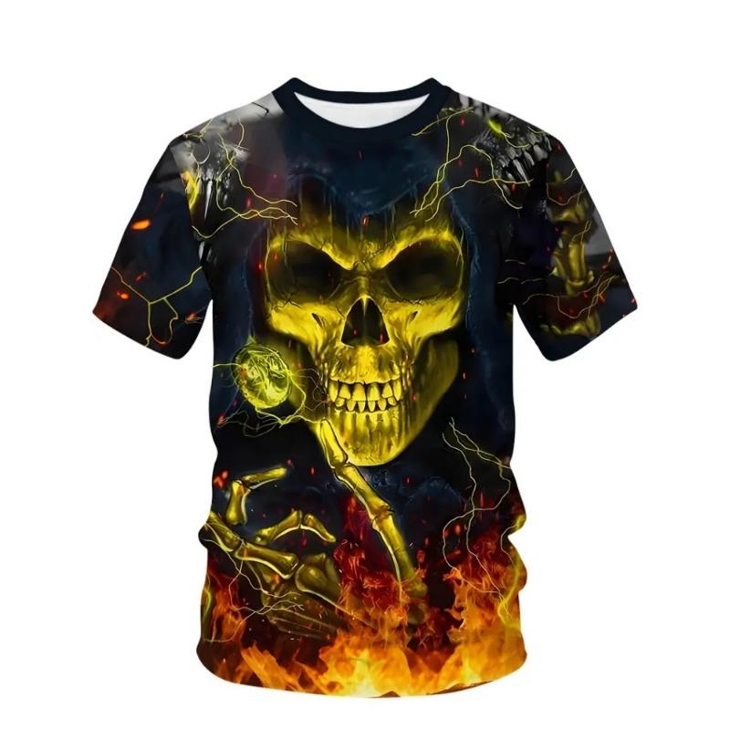 Men's 3D Skull Print T-Shirt Vintage Style Oversized Short Sleeve Round Neck T-Shirt Top Summer Harajuku Streetwear Men Clothing