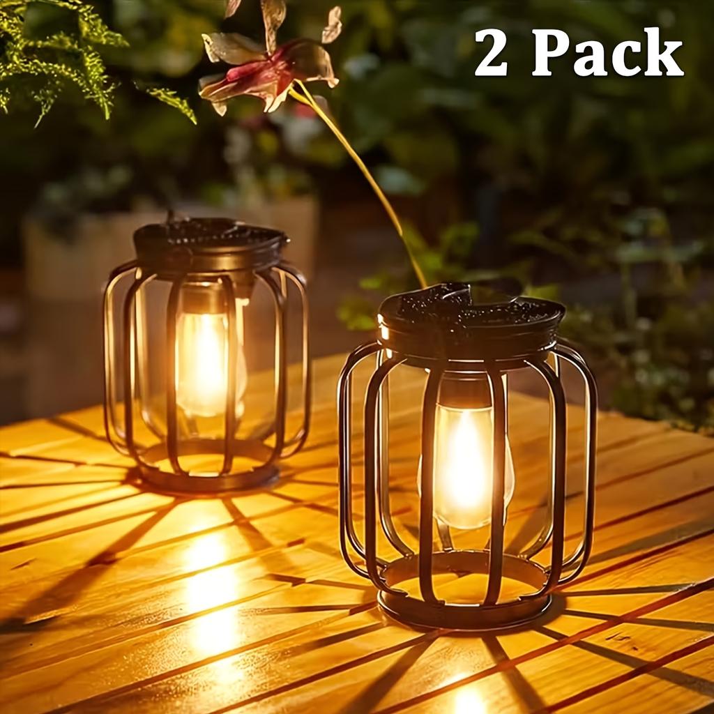 2 Pack Solar Powered Outdoor Pendant Lights, Hanging Metal Lanterns, Modern Metal Solar Pendant Lights with Hooks for Garden Use, Warm Light Lanterns