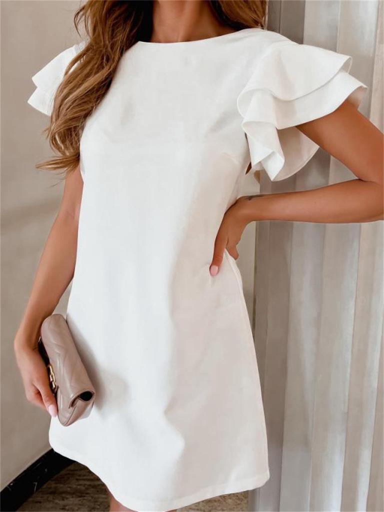 2022 Summer Round Neck Short Sleeve Backless Ruffle A-line Dress