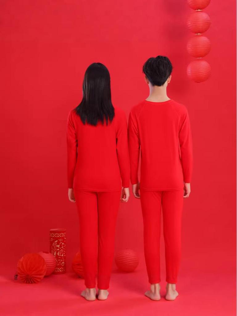 Teen Zodiac Year Warm Underwear Set: Boys' Bright Red & Girls' Year of the Horse Red Autumn Top and Pants
