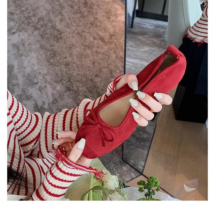 Sheepskin Version! Red Ballet Single Shoes Women's Bow Retro Evening Wind Flat Bottom Ladyshoes Square Head Shallow Mouth Grandma Shoes