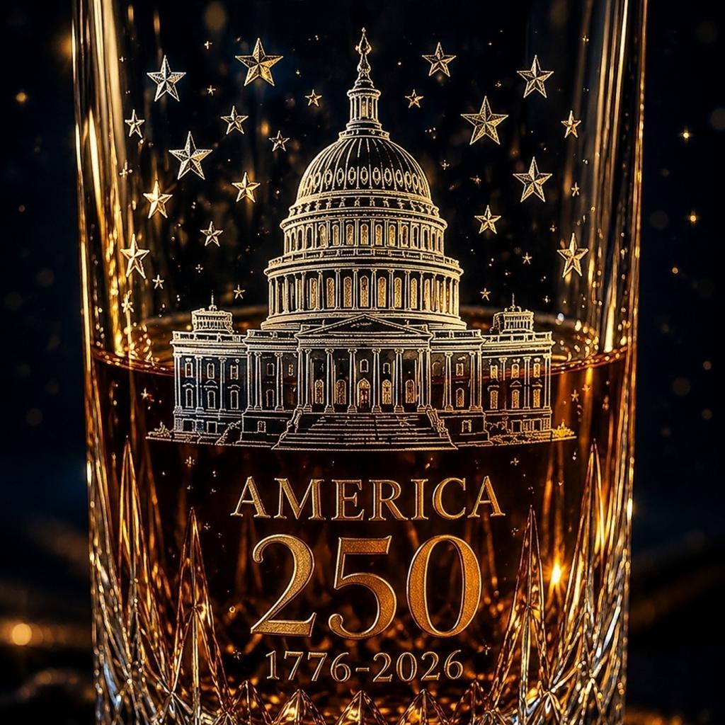 Commemorative 250th Anniversary Glass Tumbler Featuring Capitol Building Etching and Star Pattern Suitable for Collectors and Everyday Use