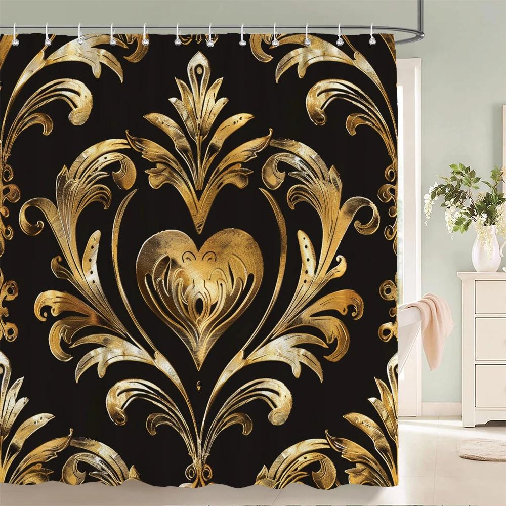 1Pc European Style Golden Flowers Shower Curtain Waterproof Fabric,Floral Print Partition Curtain Decorate Bathroom Curtain