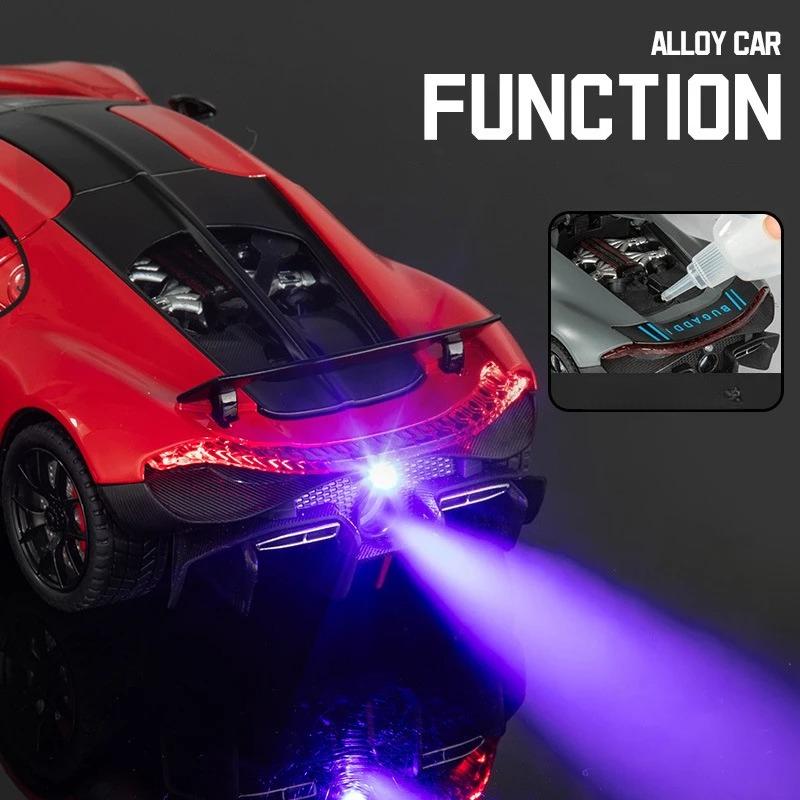 1/24 Bugatti Tourbillon With Spray Supercar Alloy Muscle Car Model Sound and Light Pull Back Children's Toy Collectibles Birthday gift