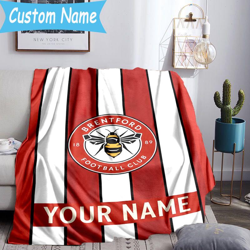 Custom Name Brentford Football Club Crest Flannel Blanket, Use for Birthday/Holiday Gift, Soft Blanket for Sofa/Bed/Camping/Office, Home Decor