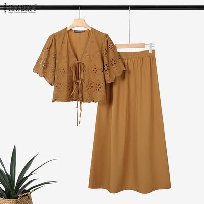Women Short Sleeve Crochet Blouse and Skirts Summer Two Piece Suit Sets