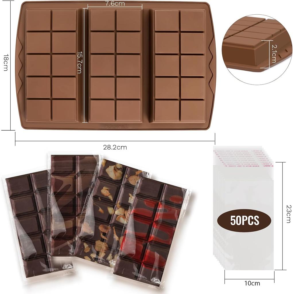 Dubai Chocolate Mold Set, 3x10 Divisions, with 50 Wrapping Foils, Silicone Chocolate Mold, DIY Baking Tool
