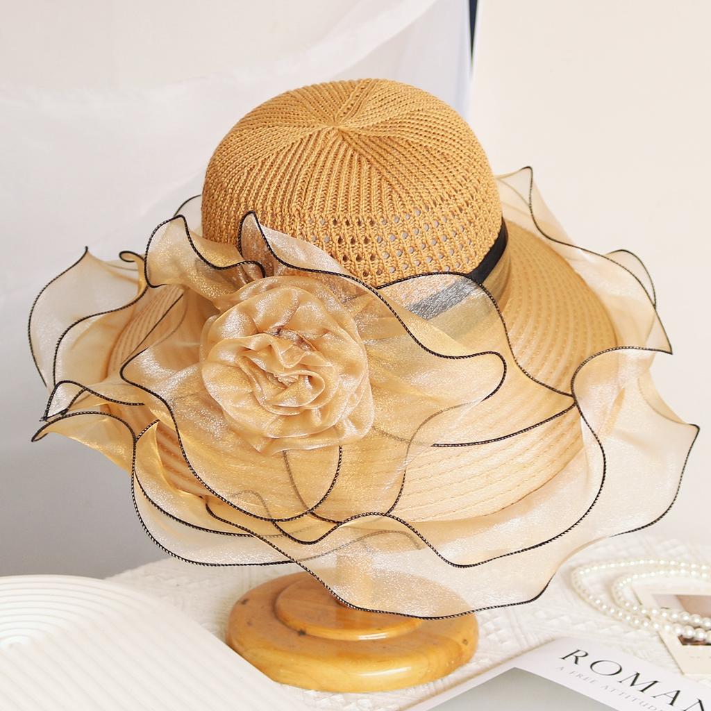 Elegant Summer Women's Sun Hat Breathable Organdy Material Foldable Design Woven Top Flower Decoration