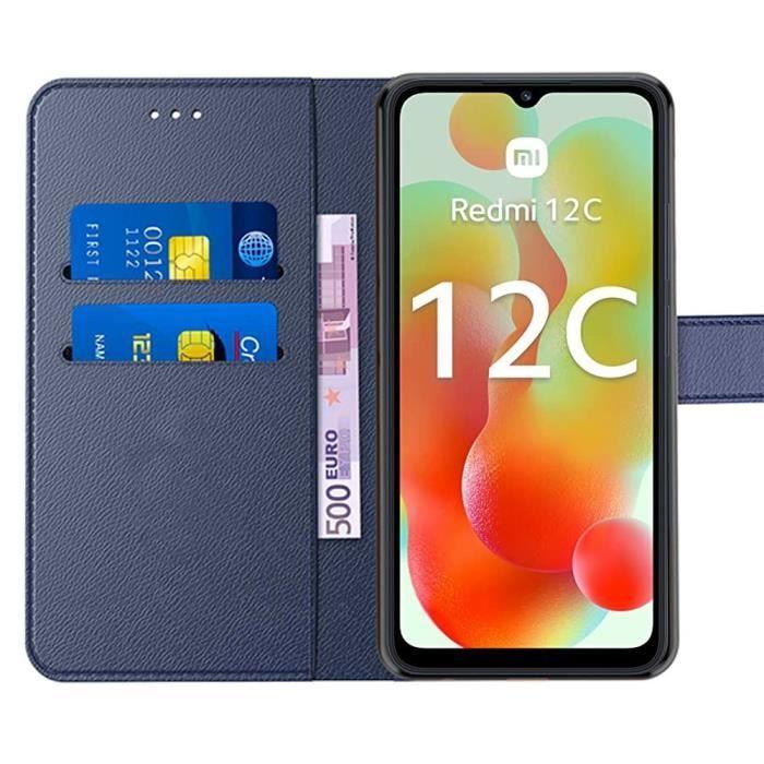 Coque + 2 Verres Trempés pour Xiaomi Redmi 12C-11A, Coque Effet Cuir Elégant - Bleu Marine