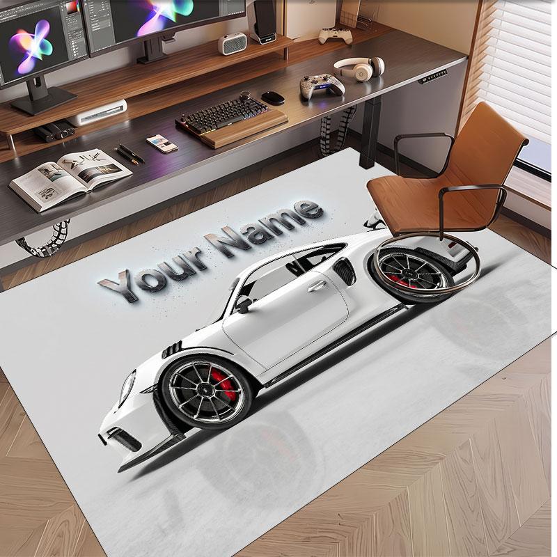 Car Racing Theme Soft Crystal Velvet Rug Custom Name & Text Print Non Slip Floor Rug for Bedroom Living Room