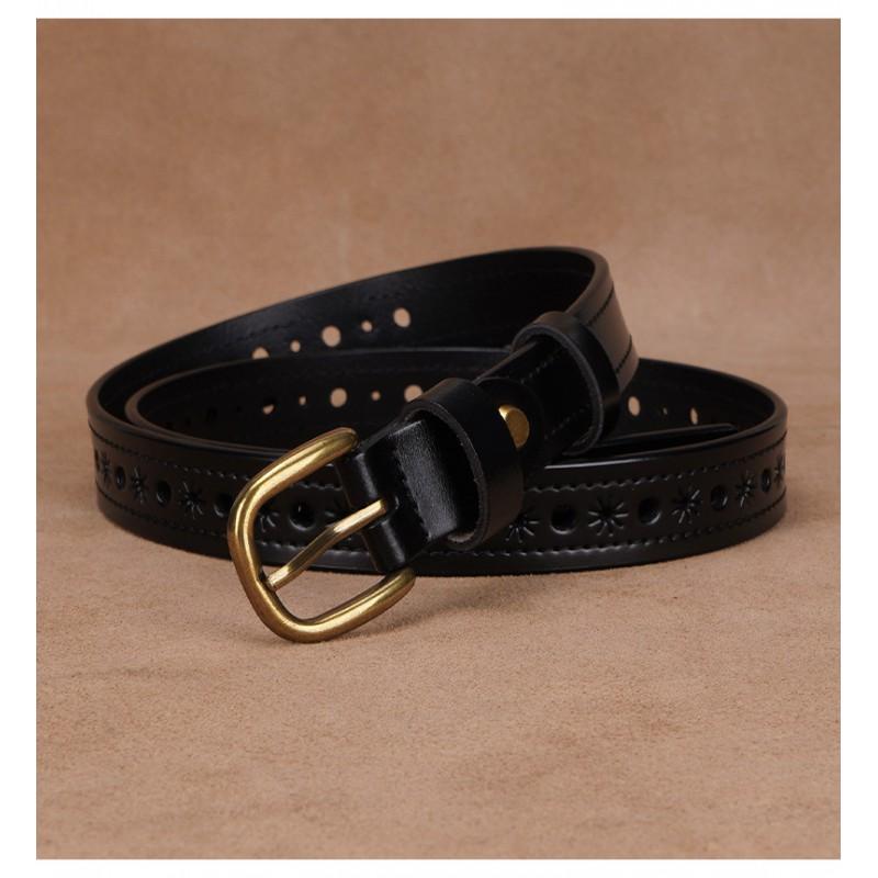 Womens Genuine Leather Belt With Hollow Cut Design Slim Waistband Casual Office Jeans Outfits Zinc Alloy Pin Buckle