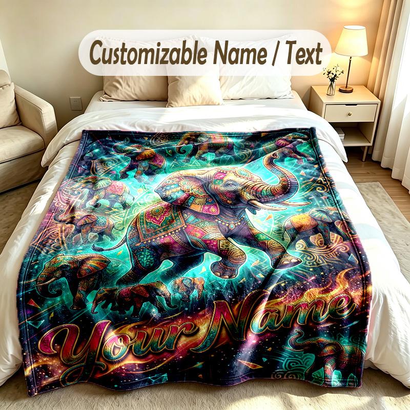 Elephant Theme Soft Blanket Personalized Custom Name Text Print Warm Blanket Home Sofa Bedroom Decor