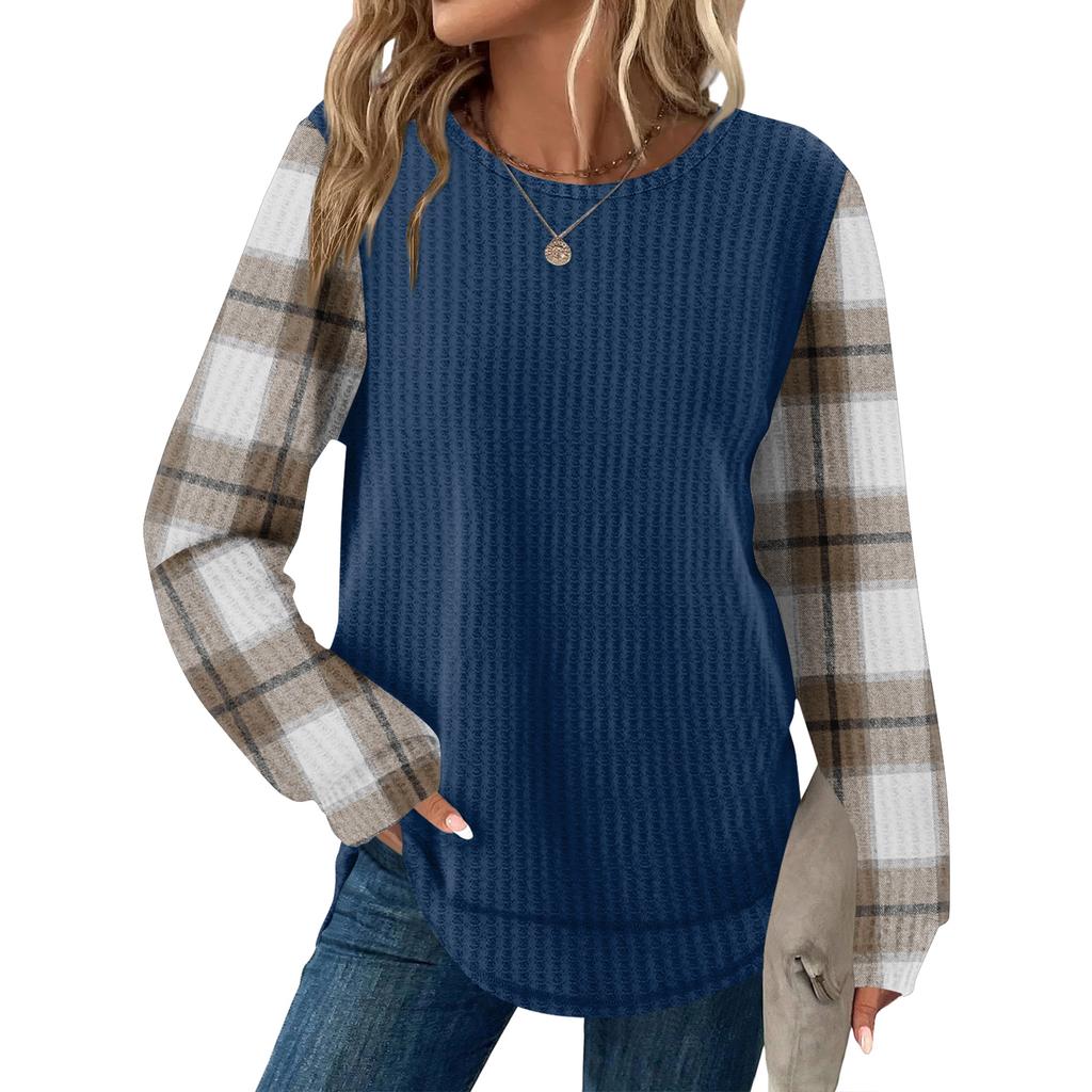 Women's Plaid Print Round Neck Long Sleeve Casual Loose Top