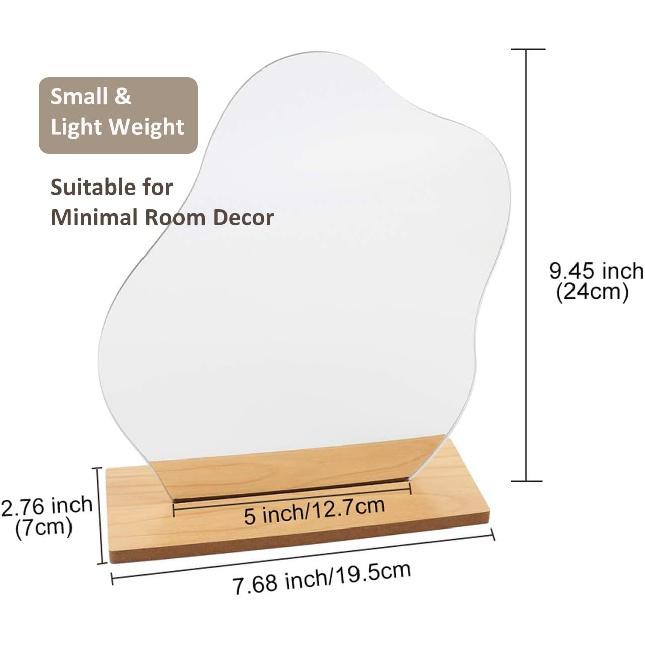 Irregular Aesthetic Vanity Mirror Frameless, Decorative Desk Tabletop Acrylic Mirrors with Wooden Stand for Living Room, Bedroom, and Minimal Spaces