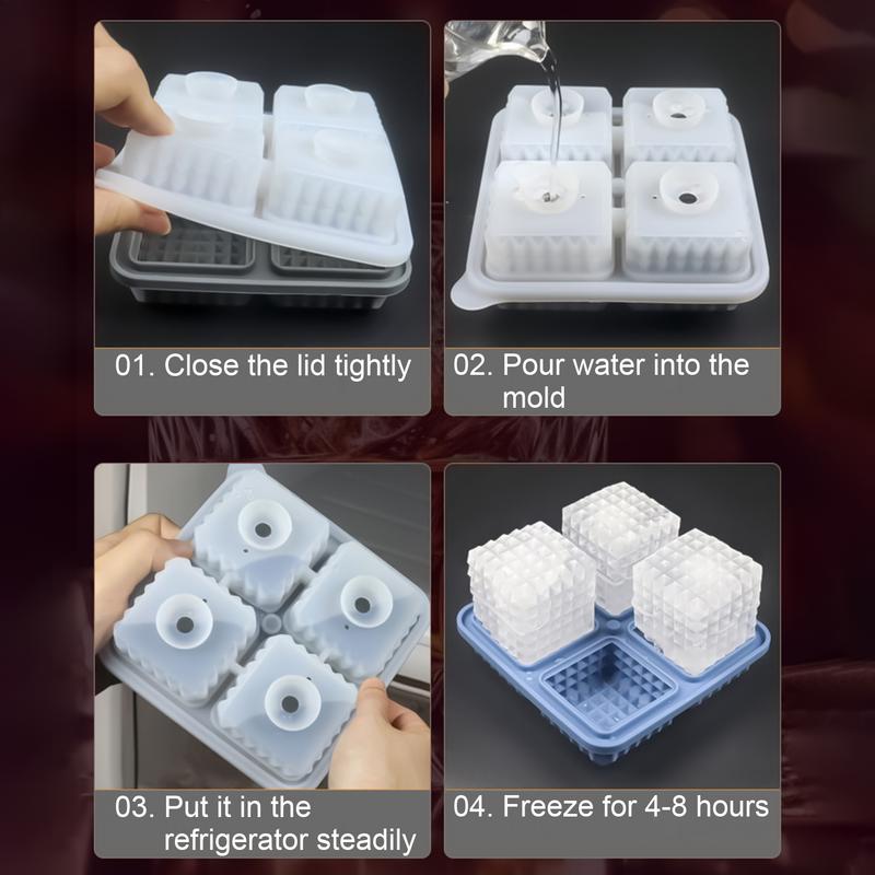 Ice Tray Silicone 4-Cavity Silicone Square Chilling Cube Maker Tray Portable Non-Stick Ice Maker Mold With Funnel Lid For