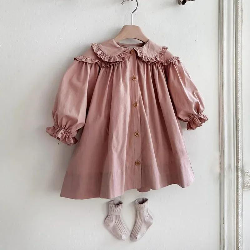 Spring Children Long Sleeve Casual Dress Girls Cute Loose Puff Sleeve Dress Toddler Cardigan Dress Kids Clothes