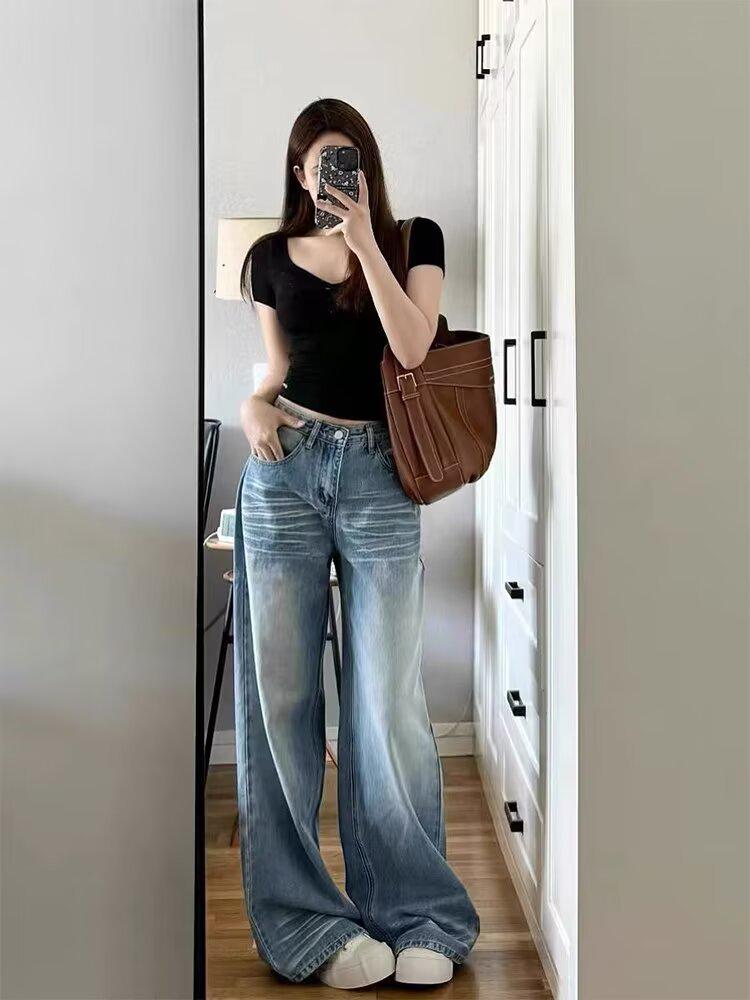

Extra Long High Waist Wide Leg Slimming Summer Jeans for Women 3XL синий