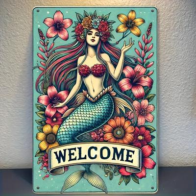Cartello di Benvenuto Sirena Vintage Decorazione Murale in Ferro con Design Floreale Colorato Perfetto per Uso Interno/Esterno Feste in Giardino Ce
