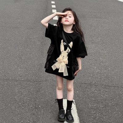 Girls' Short Sleeved T-shirt Skirt Loose Top Children's Summer Cotton Half Sleeved Top