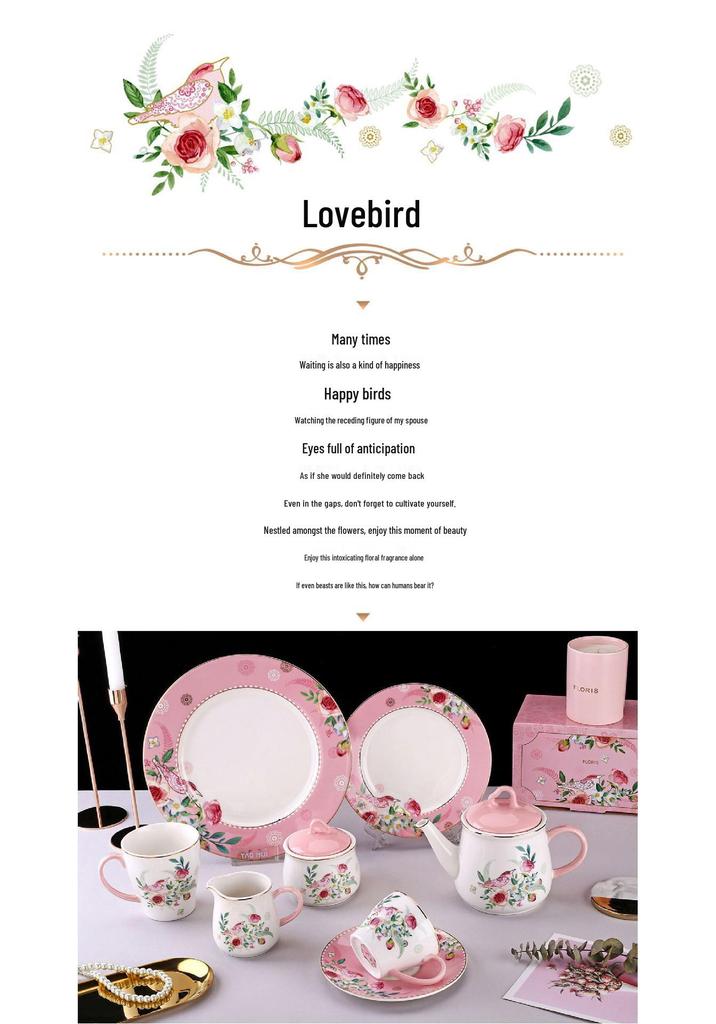 Farorui Shi Korean Afternoon Tea Set: Mug, Coffee Cup, Western Dinner Plate, Teapot, Sugar & Creamer, Small Bird Design.