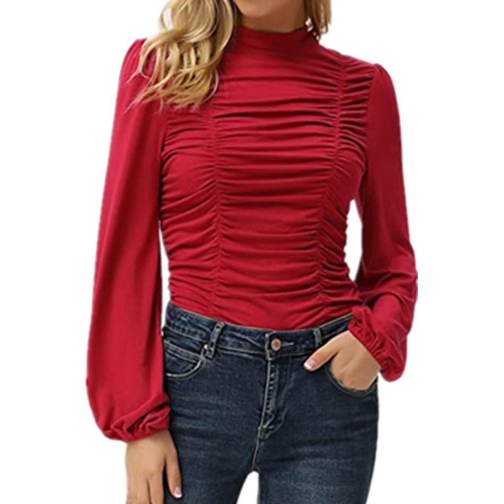 Fall New Women's Solid Color High Neck Pleated Slim Fit Long Lantern Sleeve T-shirt, European & American Style Casual Top for Women