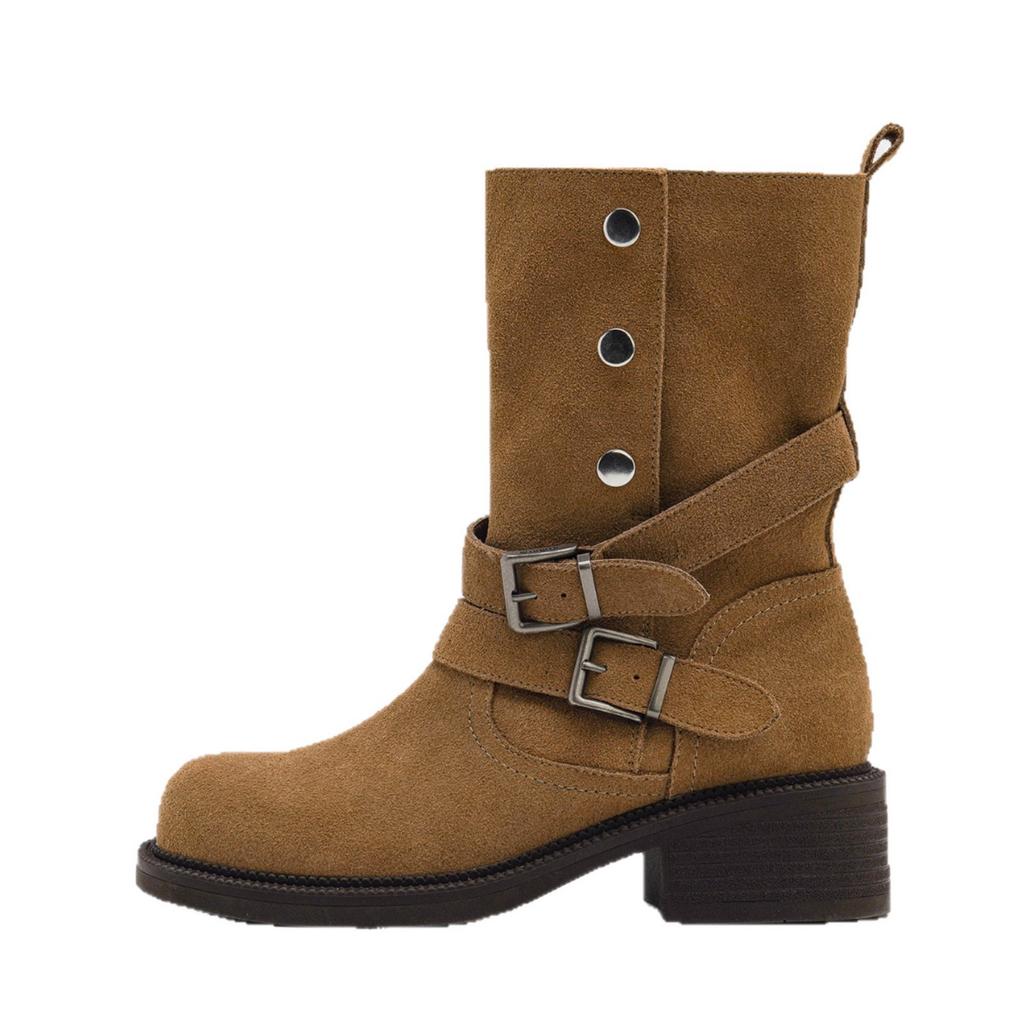 Sheepskin Version~ Stacking Boots New Versatile Thick-soled Heightening Autumn Maillard Short Boots Thick Heel Belt Buckle Martin Boots
