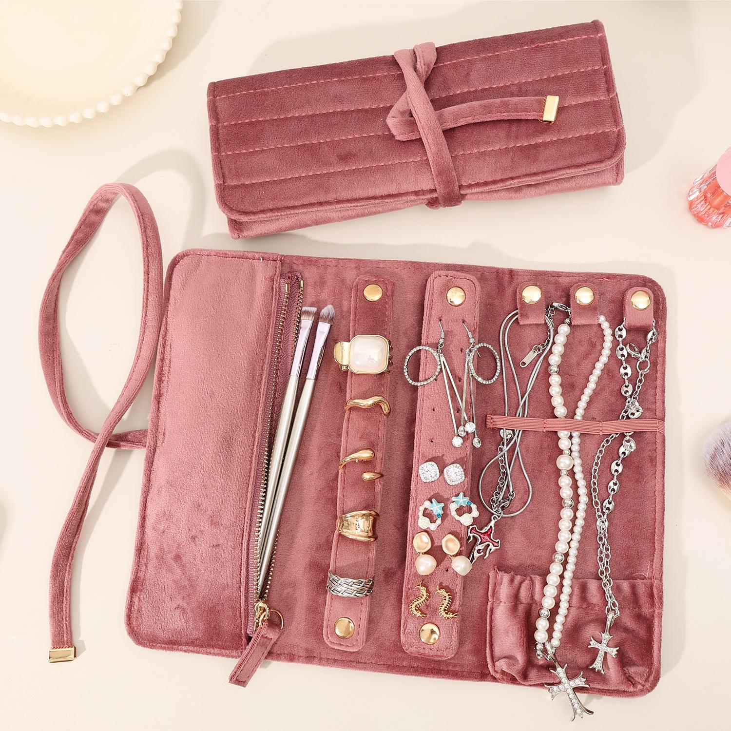 

Portable Jewelry Roll Organizer for Bride Necklace Ring Earrings Bracelet Foldable Travel Storage Bag Case Displays Holder рожевий