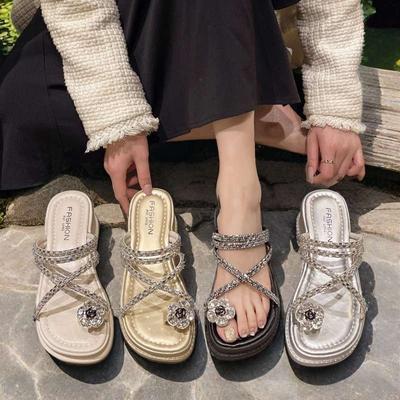 French Platform New Sandals Fashion Summer with Skirt Wear Rhinestones Fairy One Word Drag Roman Two Wear Slippers