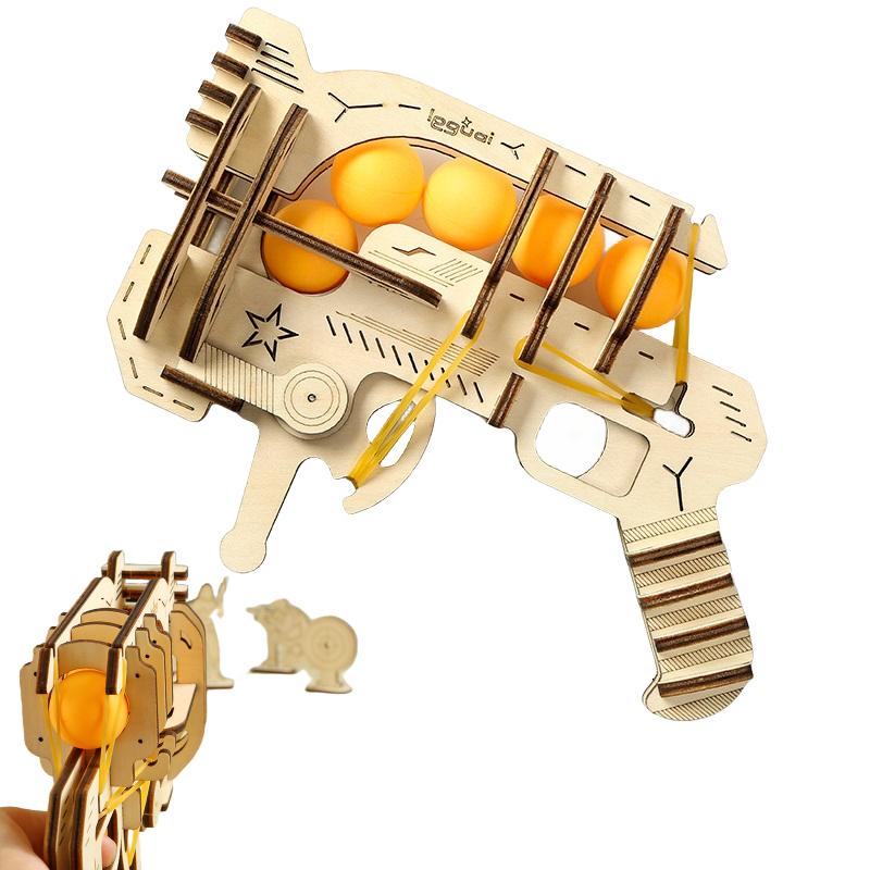 Fashnics Boys Wooden Diy Assembled Gun Model 'S Birthday Creative Gift Toy Launching Equipment Rubber Band Gun Table Tennis Launcher