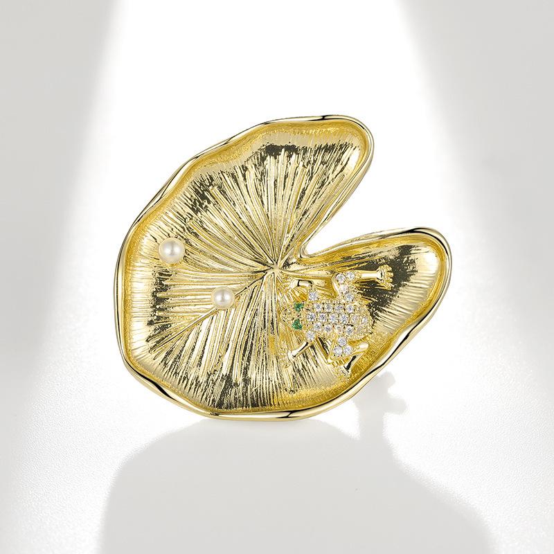 Elegant Lotus Leaf  Frog Brooch with Freshwater Pearl and Enamel Design