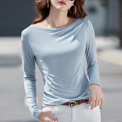 Autunm Pleated Collar Knitted Casual Modal Cotton Tops Shirt Elegant Temperament Office Ladies Slim Basic Blouse