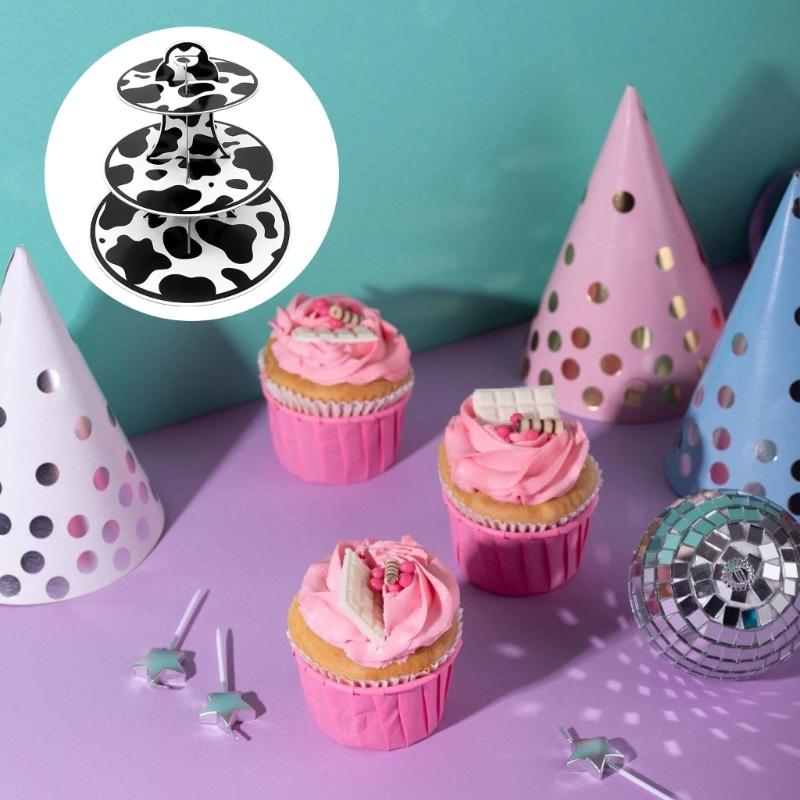 3 Level Dessert Display Tower for Kids Birthday Celebration Cupcake Holder Elegant Cow Print Cake Storage Stand