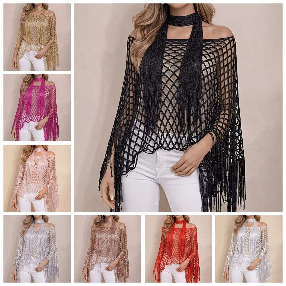 2pcs Tassel Shawl Shawl and Scarf Set Hollowed Out Fringed Cape Summer Sun Shawl for Swimming
