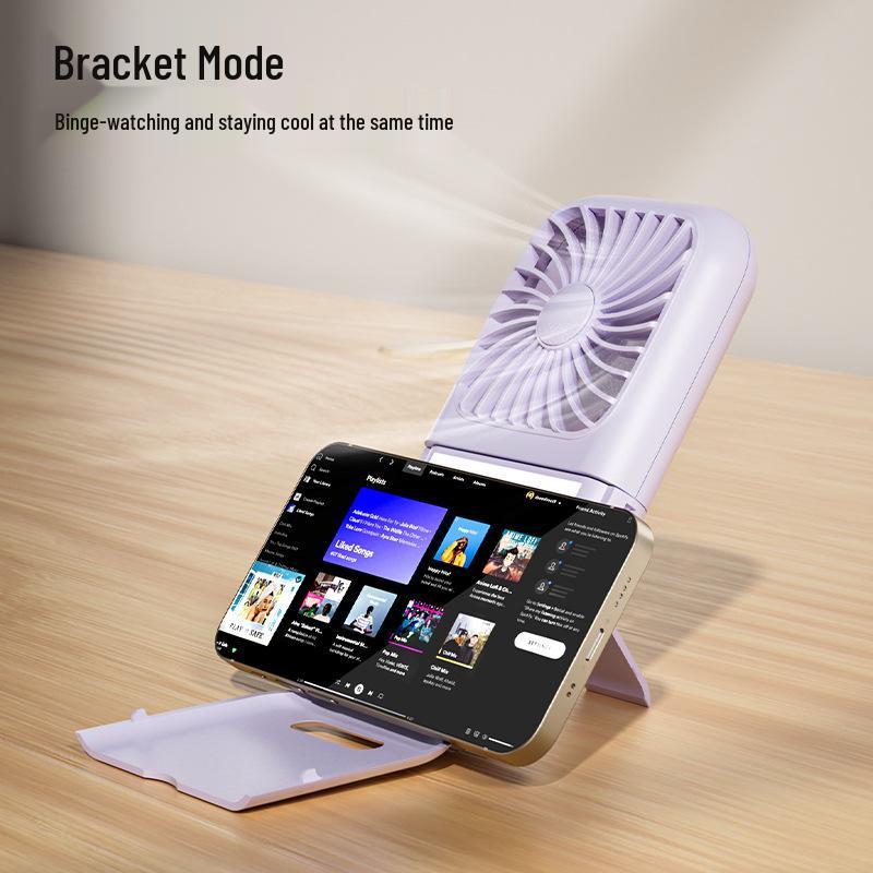 Portable Neck-Hanging USB Fan with Foldable Stand and Makeup Mirror