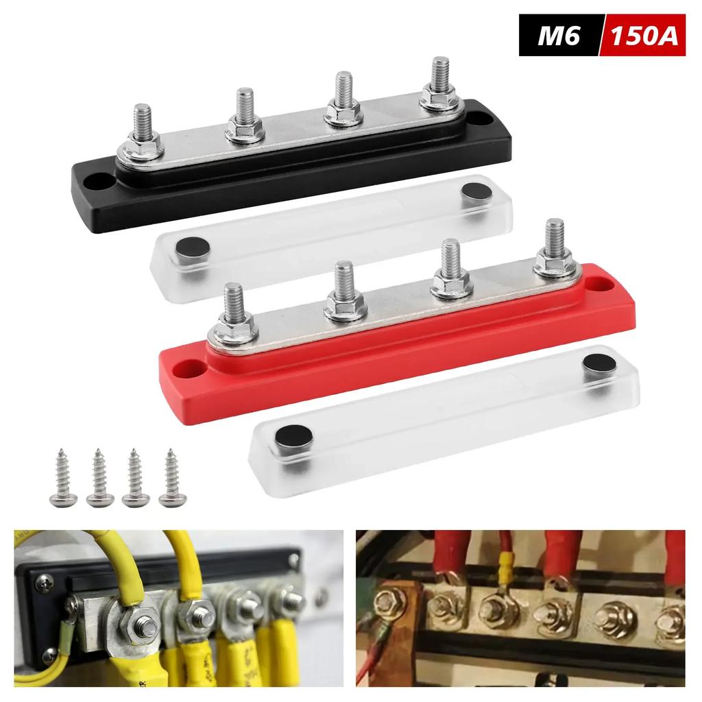 48V 150A Heavy Duty Power Distribution Block 4 x M6 Terminal Studs Marine BusBar Cover Included Bus Bar For Trucks Boats and RVs