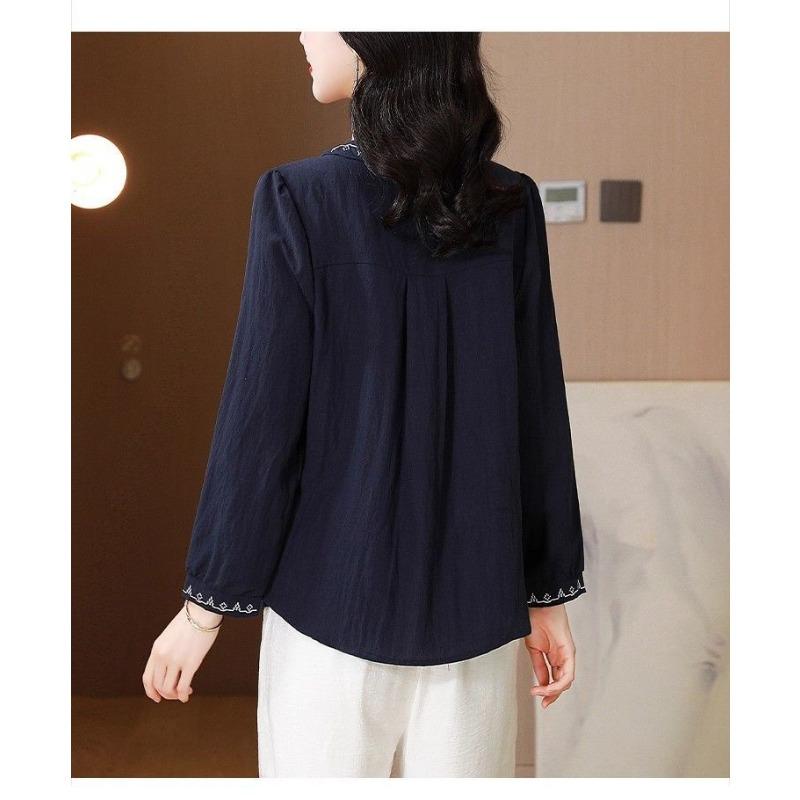 Women Literary Retro Embroidered Cotton Long Sleeve Shirt