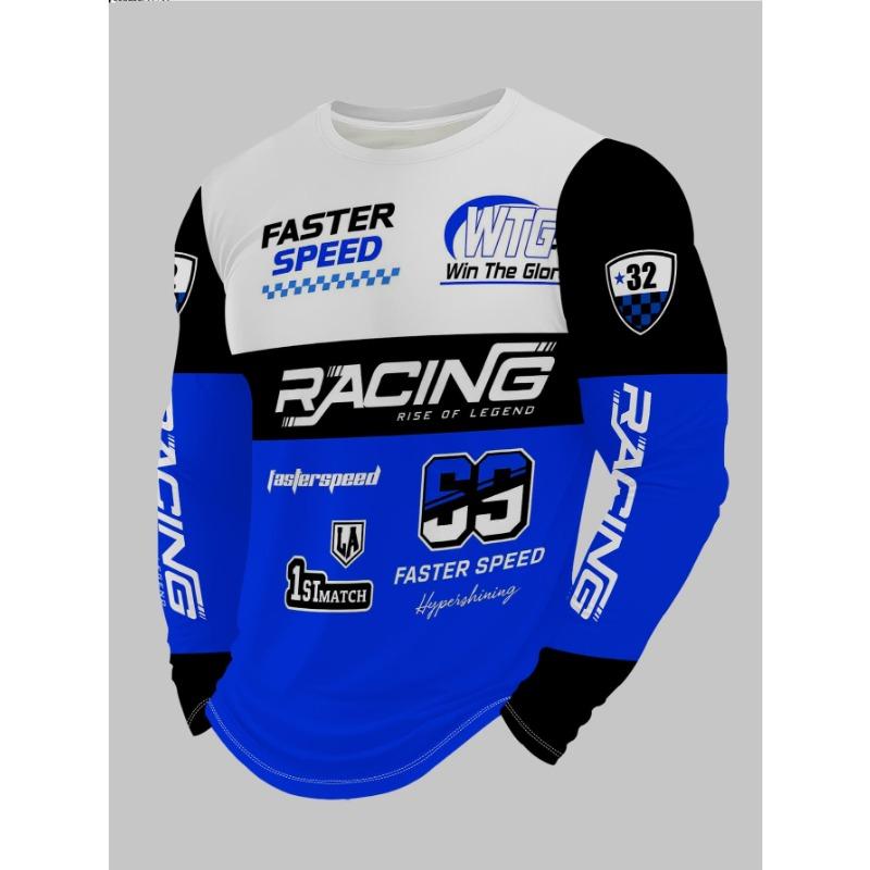 Men's Crew Neck Long Sleeve T-Shirt with Trendy Racing Element Print and Letter Graphic for Casual Wear, PLUS SIZE