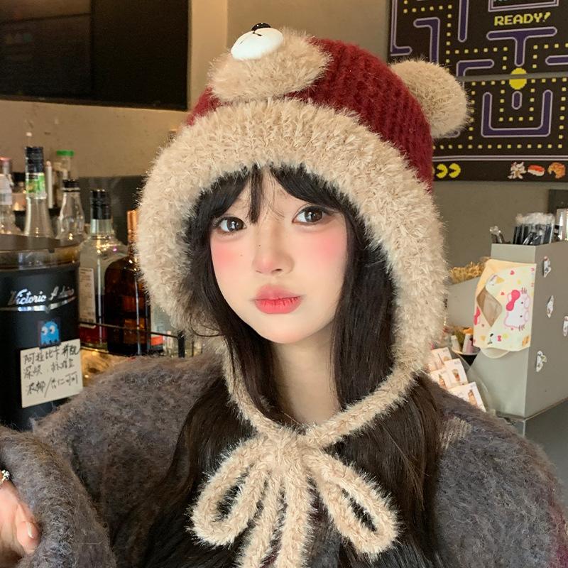 Cute bear plush hat female winter face small bucket hat warm ear protector tether basin hat knitted wool hat