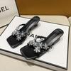 Simple Flower Rhinestone One-word Cool Slippers Women's Summer 2025 New Square Head Open-toed Crossed Strap Stiletto Sandals