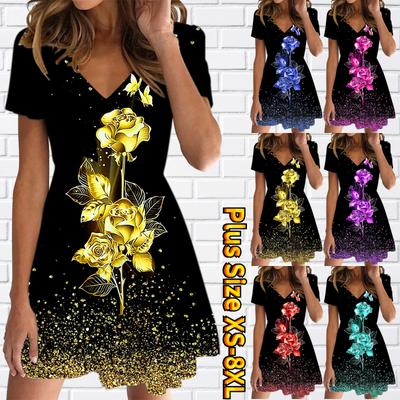Summer Fashion Women's V Neck Short Sleeve Flowers In Bloom Printed Dress Sex Short Skirt Dresses