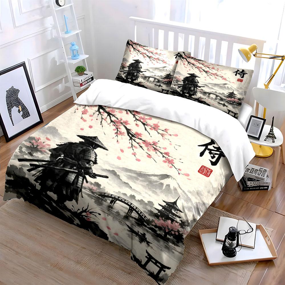 Samurai Sakura Landscape Bedding Duvet Cover Set (1*Duvet Cover 2*Pillowcases, Without Duvet Insert)