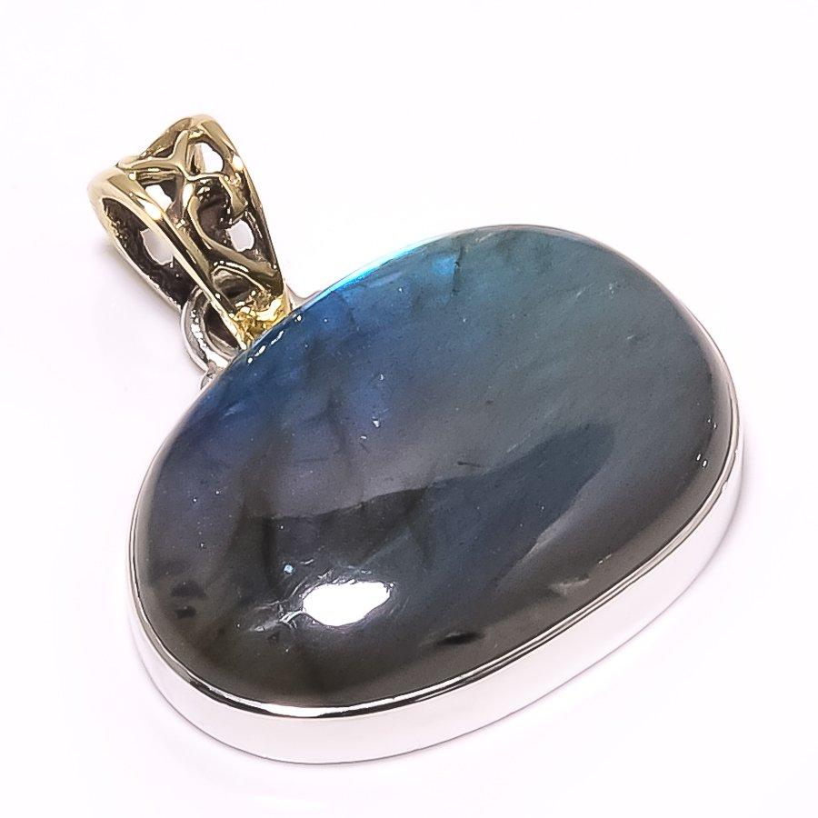 Natural Labradorite Gemstone 925 Sterling Silver Two Tone Pendant 1.26" P2p34