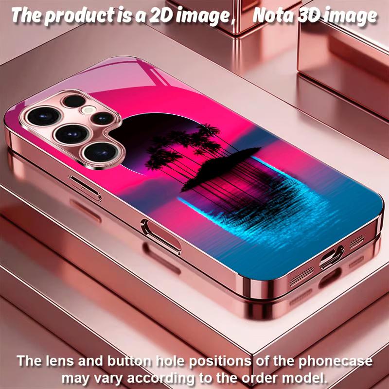2DFlat Samsung electroplated tempered glass phone case,Neon Sunset IslandSuitable for Galaxy S26 S23 S24FE S25ULTRA S22 S21