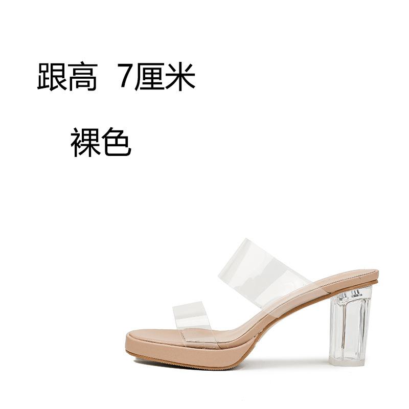 Fashion Transparent High-heeled Slippers Women Summer Waterproof Table Straight Strap Slippers Crystal Heel Thick Heel Sandals for Women