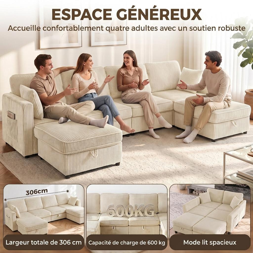 Modular U-Shaped Corner Sofa, 4-Seater, 306 cm, Corduroy, 2 Storage Ottomans, 4 Cushions, Cream