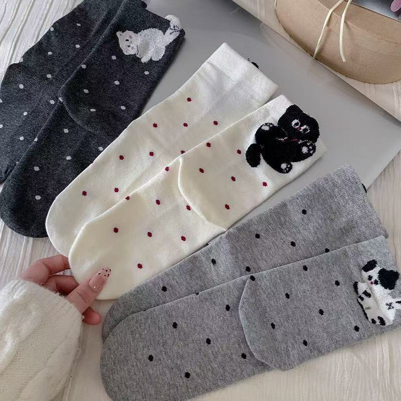 Cartoon Kitten Plush Mid-calf Socks, Girls' Pile Socks, College-style Cotton Socks, Cute Outfit Polka Dot Cat Socks